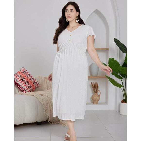 Plus Size White Summer Dress Lace Ruffle Sleeve Button Front Comfortable Casual - Picture 7 of 9